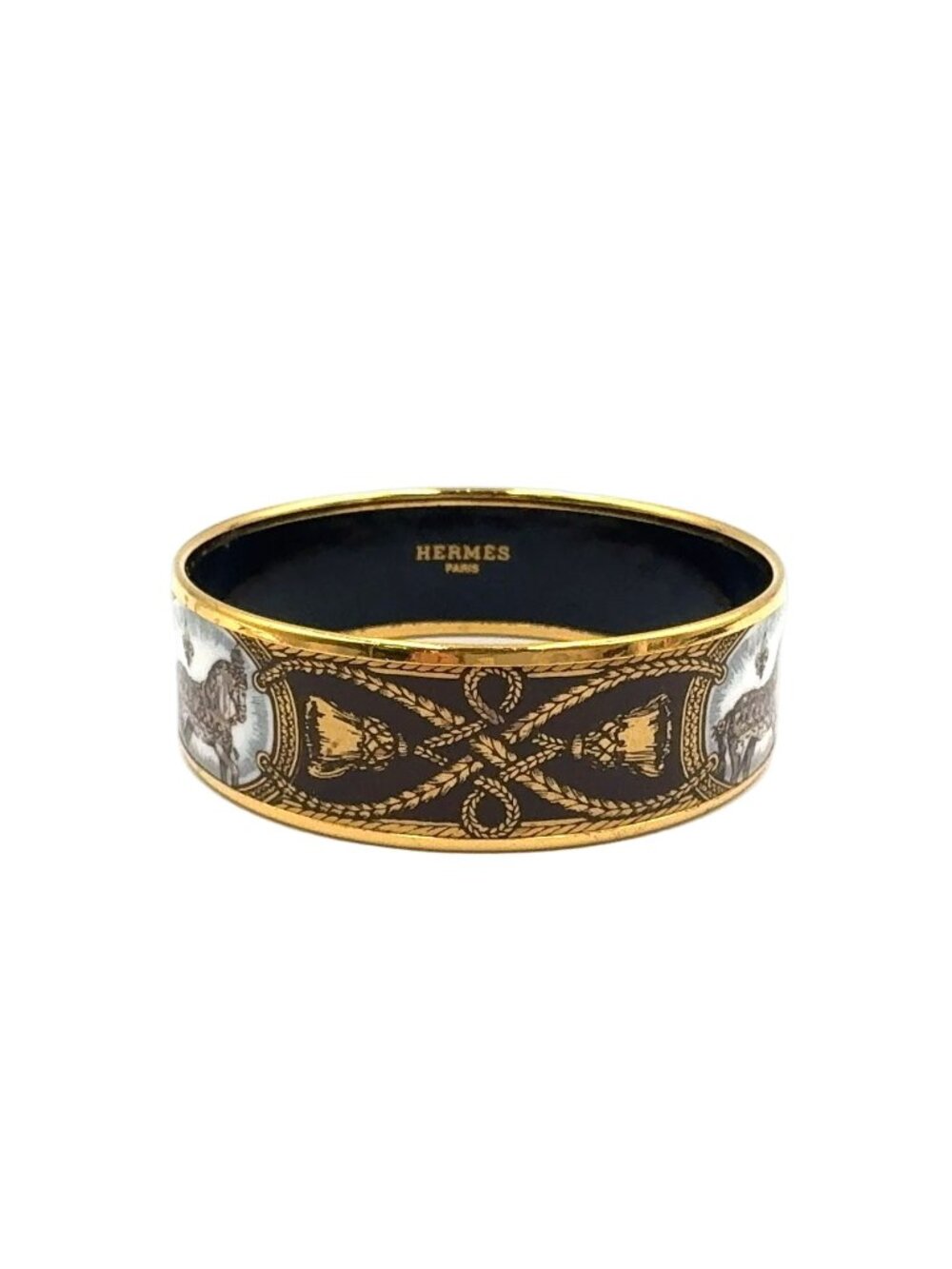 Hermes Enamel GM Horse Motif Gold Black Bangle Bracelet